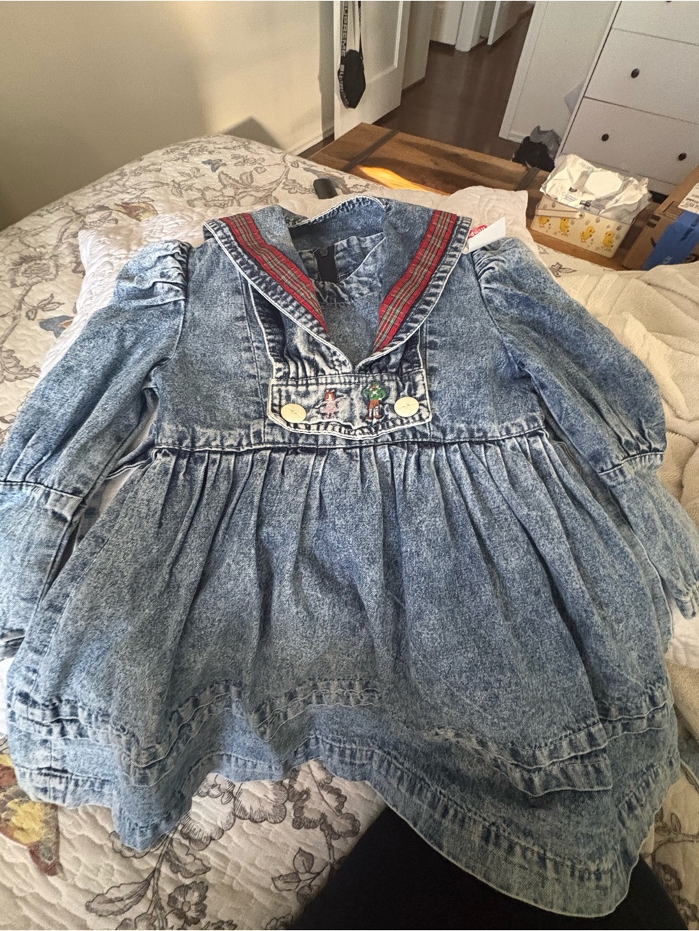 Vintage Kids Denim Sailor Dress in Light Blue Acid Wash